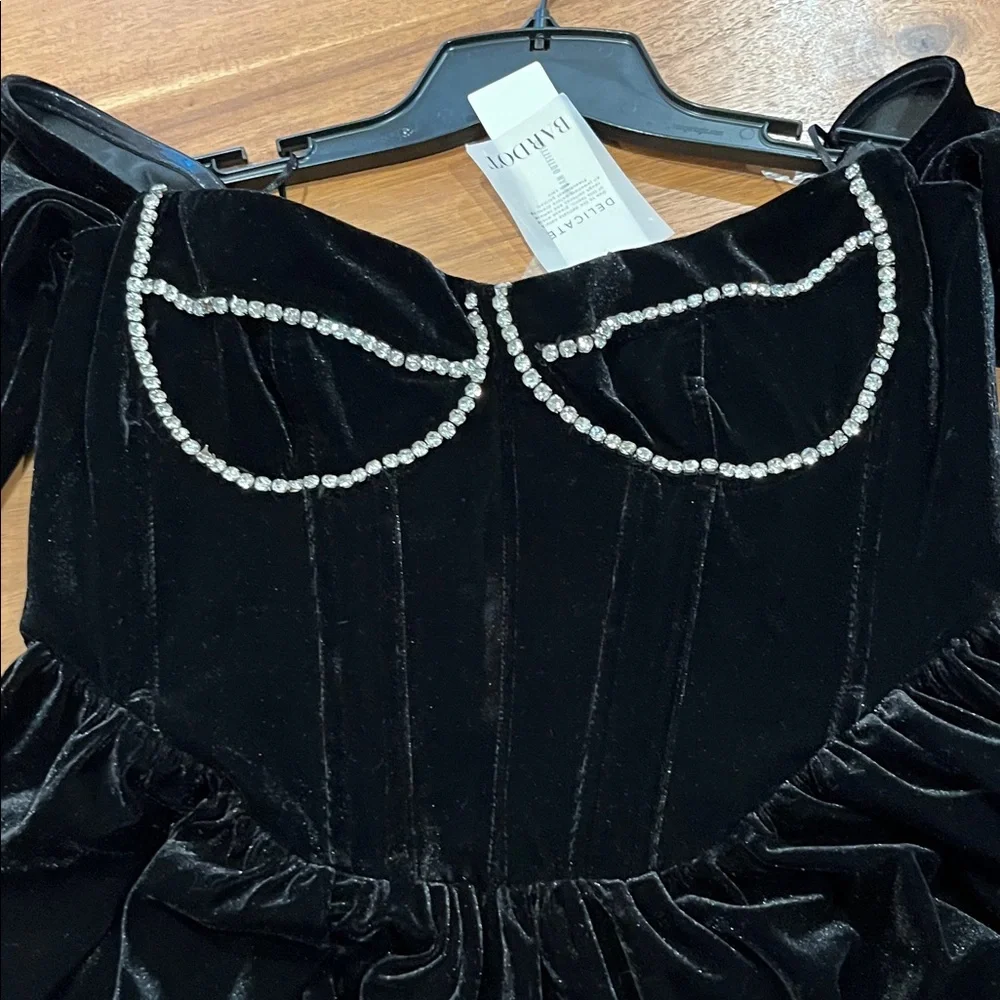 Bardot Black Velvet  Dress with crystal Details - Picture 4 of 11